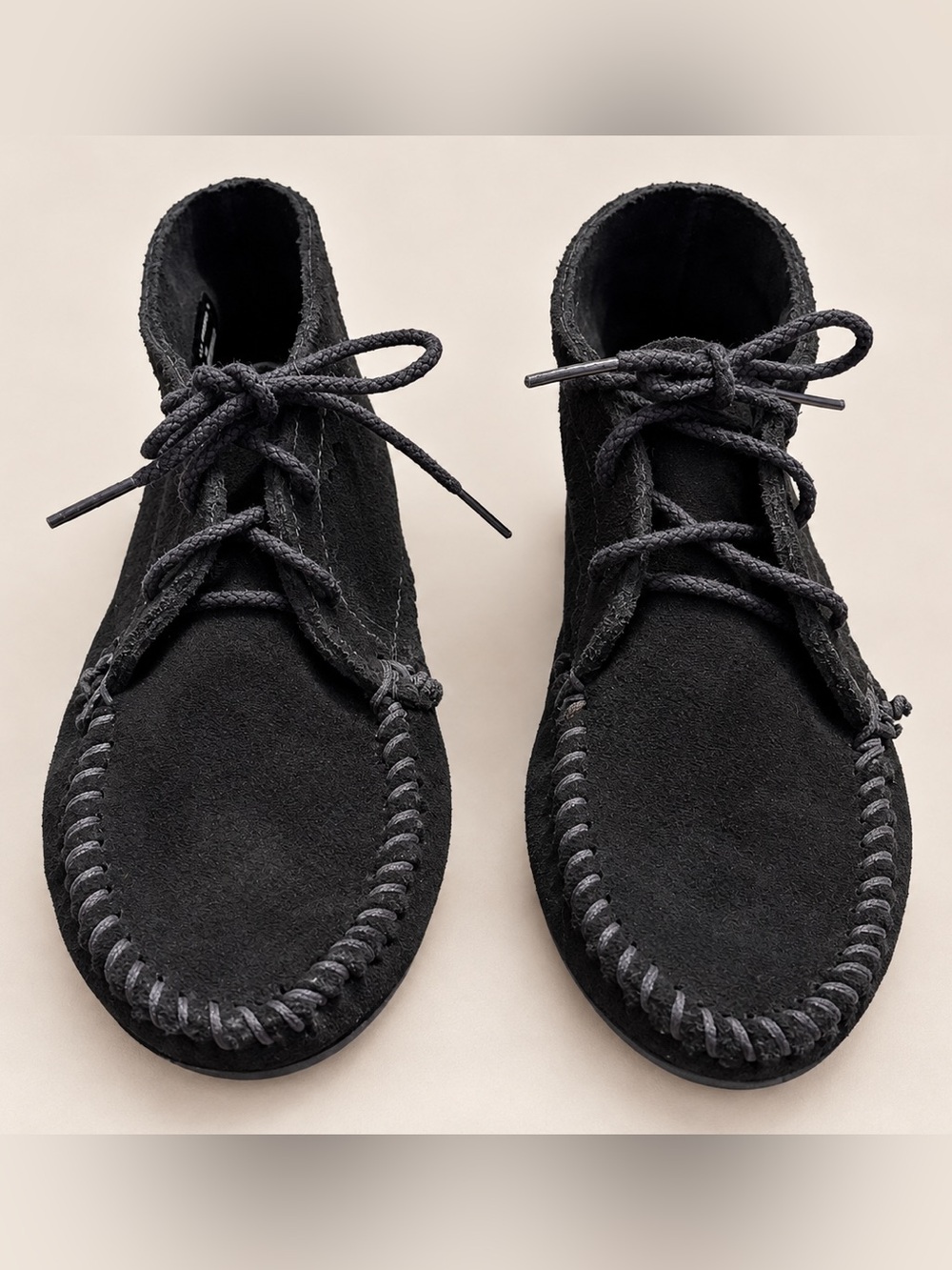 Minnetonka Black Suede Chukka Boots with Moc Toe Stitching